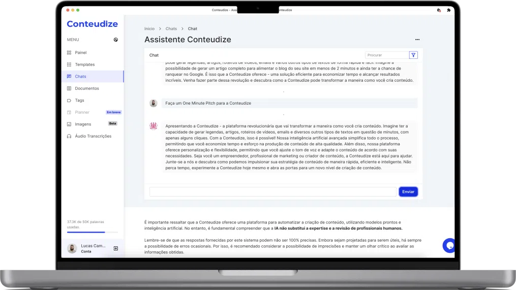 Captura de tela da plataforma Conteudize aberta no chat, destacando a inovação da inteligência artificial na criação de conteúdo. Conheça a Conteudize, IA para Criar Textos.