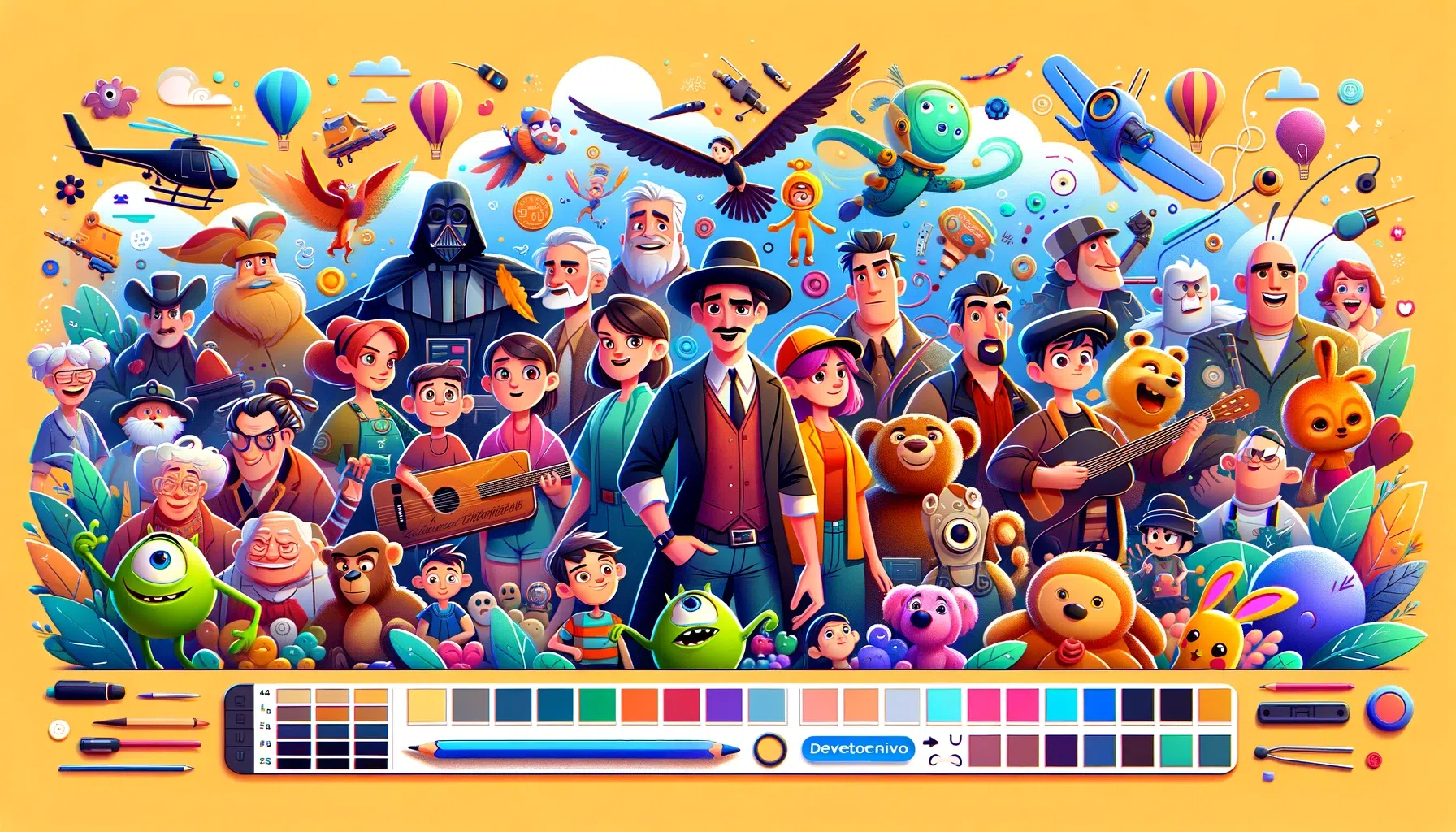 DALL·E 2023-10-28 23.12.36 – Banner horizontal estilo Disney Pixar com uma paleta de cores suaves e mágicas. O design mostra vários personagens animados em diferentes estágios de