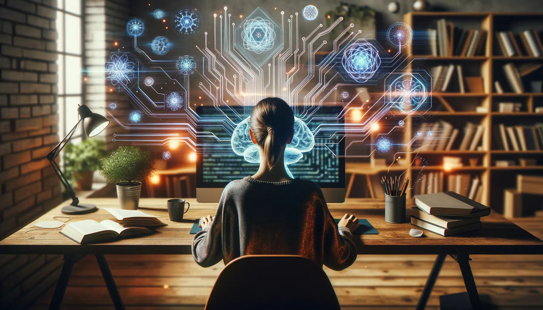 DALL·E 2023-11-01 00.11.21 – Foto de uma pessoa de diversas origens, sentada em frente a um computador moderno. Hologramas representando circuitos, neurônios e ícones de texto flu