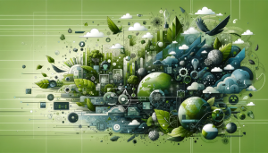Horizontal image illustrating the concept of sustainable graphic design trends for 2024. The image should depict a blend of nature and technology, with elements such as recycled materials, digital interfaces, and nature-inspired motifs. The design should convey a futuristic and eco-friendly theme, integrating green colors, digital graphics, and sustainable design elements to represent the fusion of graphic design with sustainability. The image should be visually appealing, modern, and reflect the concept of eco-conscious design innovations for the future.