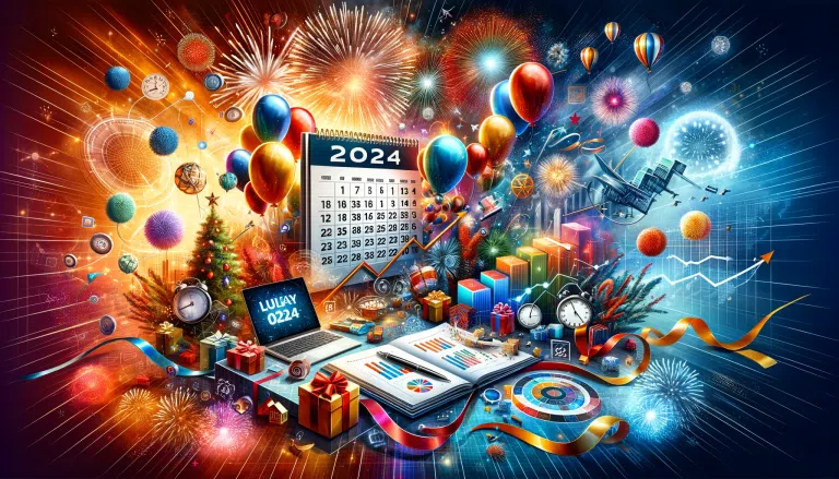 A festive and business-themed horizontal banner image, depicting a dynamic blend of celebration elements like balloons, fireworks, and a calendar marked with various special dates. Incorporate business elements such as a growth chart, a laptop, and marketing tools to symbolize business growth and strategy. The overall design should be colorful and lively, conveying a sense of excitement and opportunity for the year 2024, which should be prominently displayed in a bold, clear font. The image should capture the essence of leveraging festive occasions for business growth in the year 2024.