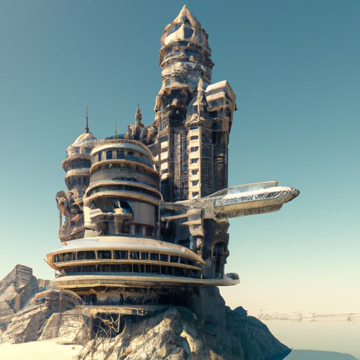 3D render of a floating futuristic castle in a clear sky, digital art